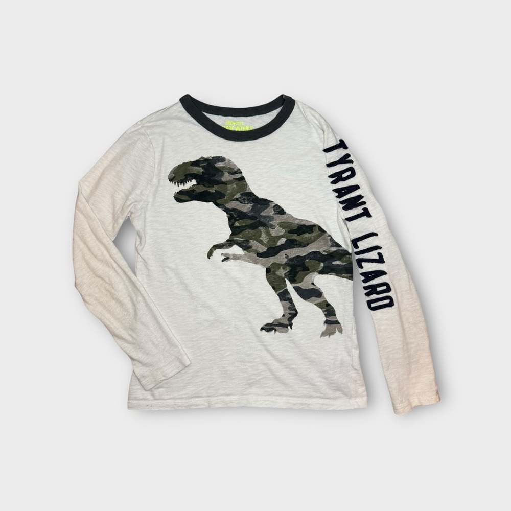 Crewcuts Tyrant Lizard Camo T-Rex Dinosaur Print White Green Long Sleeve Shirt